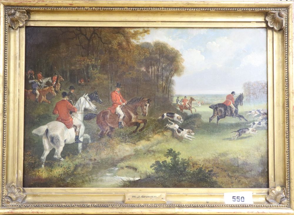 W.J. Shayer, oil on canvas, Hunting scenes, 30 x 45cm